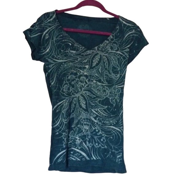 Stranded V Neck Shirt M Turquoise Teal Blue White Paisley Watercolor Cotton - Picture 1 of 5